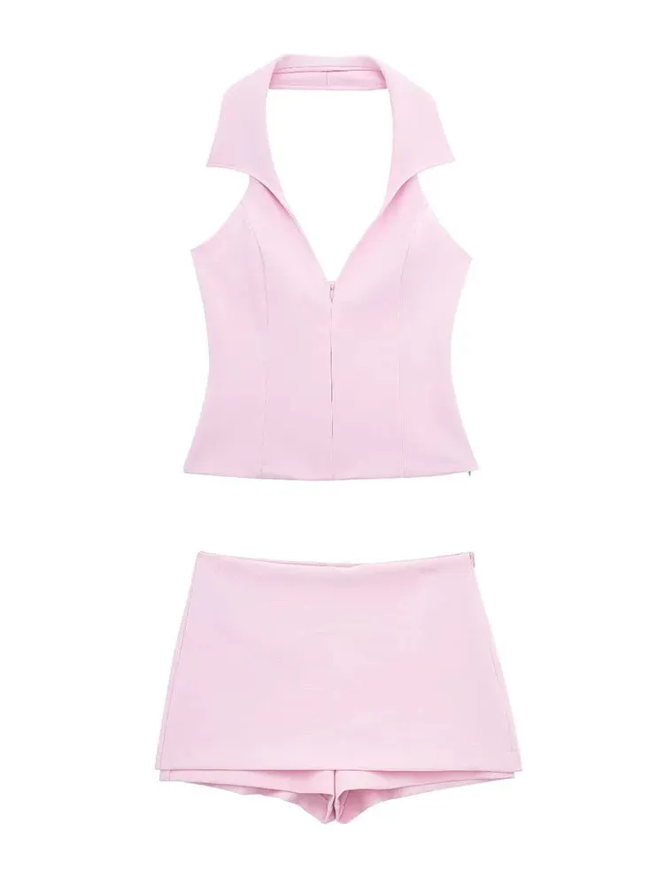 A&A Chic Spring Pink Halter Neck Skort Set