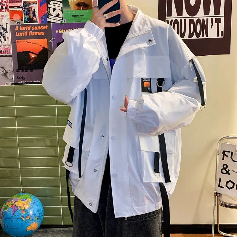 Aidase Hip Hop Mens Windbreaker Jacket Autumn Mens Korean Fashions Bomber Jackets Ribbons Harajuku Oversize Jackets Man Outwear
