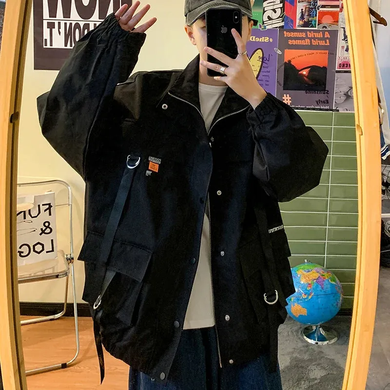 Aidase Hip Hop Mens Windbreaker Jacket Autumn Mens Korean Fashions Bomber Jackets Ribbons Harajuku Oversize Jackets Man Outwear