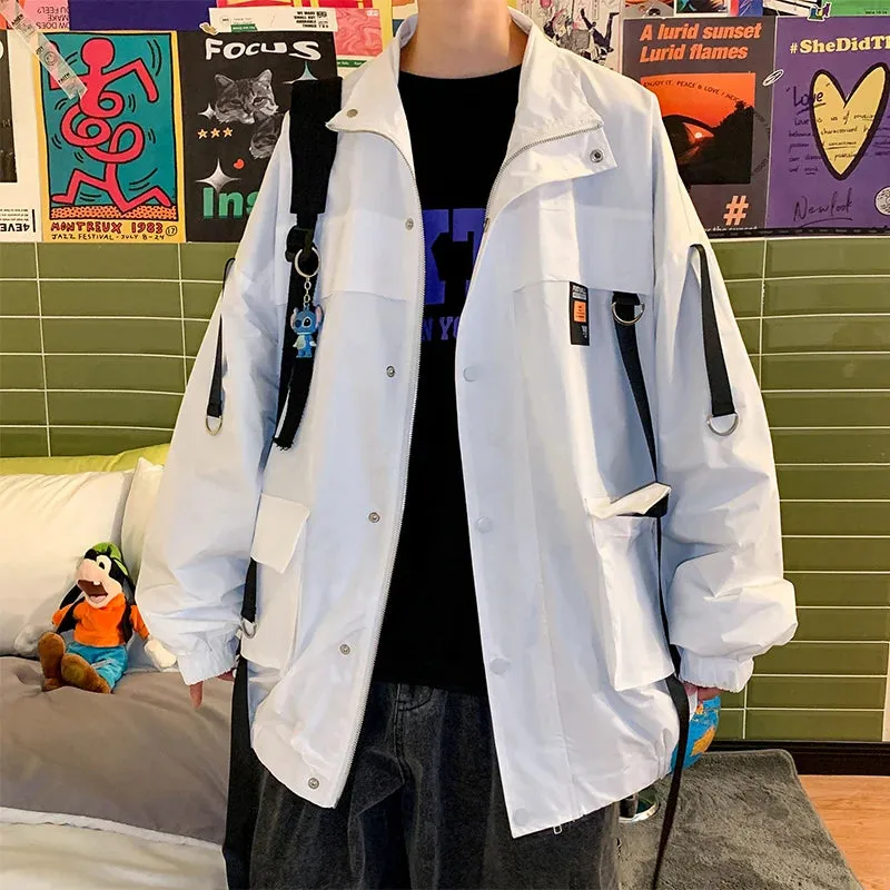 Aidase Hip Hop Mens Windbreaker Jacket Autumn Mens Korean Fashions Bomber Jackets Ribbons Harajuku Oversize Jackets Man Outwear