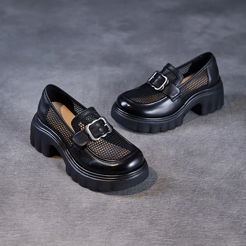 Black Breathable Mesh Patchwork Leather Loafers for Women