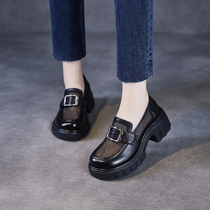 Black Breathable Mesh Patchwork Leather Loafers for Women