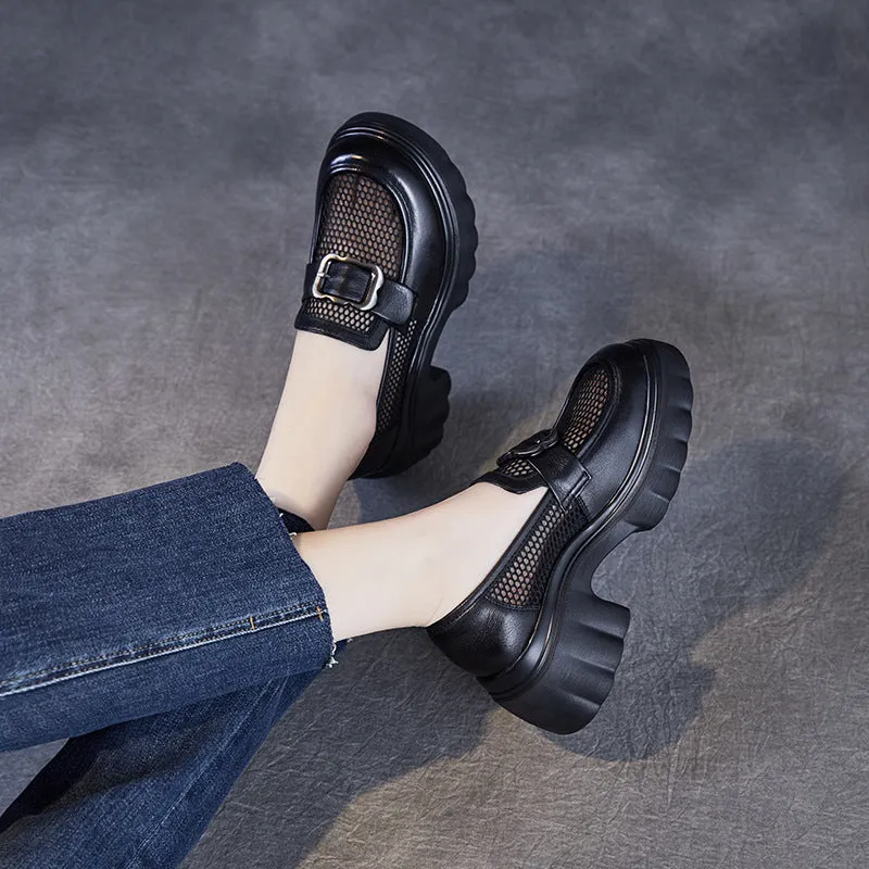 Black Breathable Mesh Patchwork Leather Loafers for Women