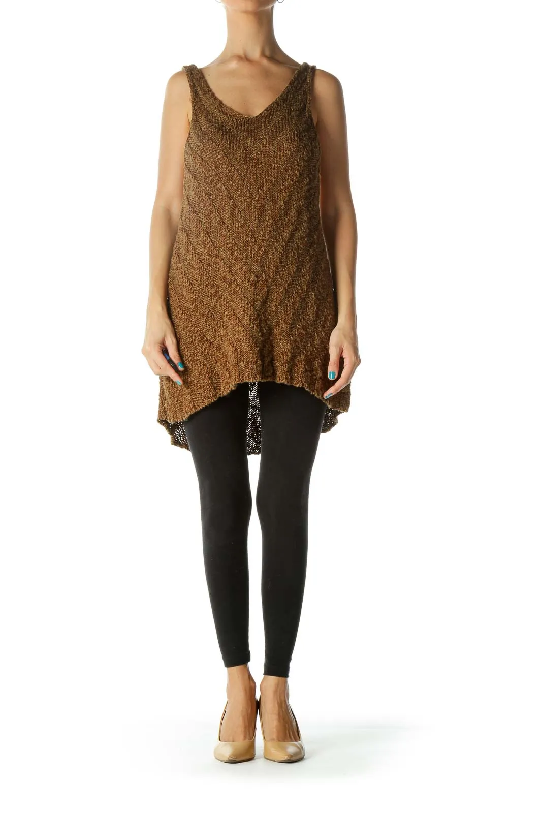 Brown Textured Knit Sleeveless Tunic