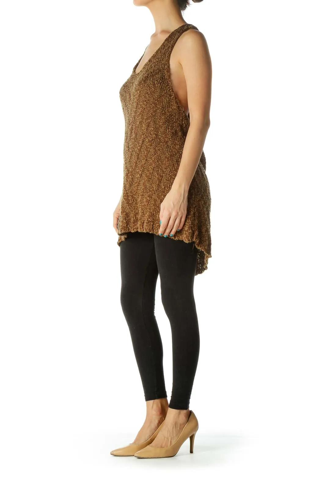 Brown Textured Knit Sleeveless Tunic