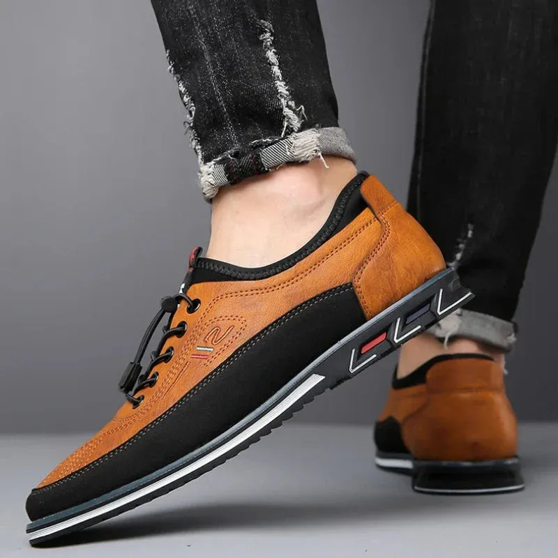 LaceMan - Heren Sportieve Sneakers met Imitatie Leren Bovenwerk, Contrasterende Panelen, en Elastische Veters
