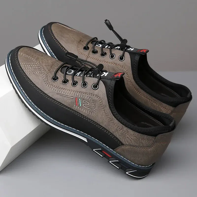 LaceMan - Heren Sportieve Sneakers met Imitatie Leren Bovenwerk, Contrasterende Panelen, en Elastische Veters