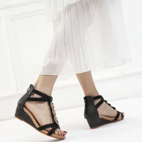 Ladies Fashion Wedge Sandals Women's  Summer New Beaded Fashion Casual One-word Strap Back Zipper Roman Sandals