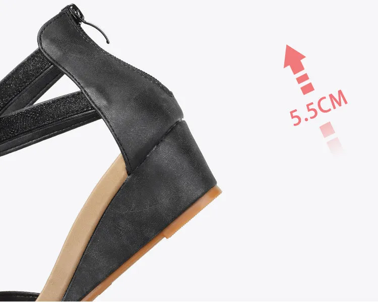 Ladies Fashion Wedge Sandals Women's  Summer New Beaded Fashion Casual One-word Strap Back Zipper Roman Sandals