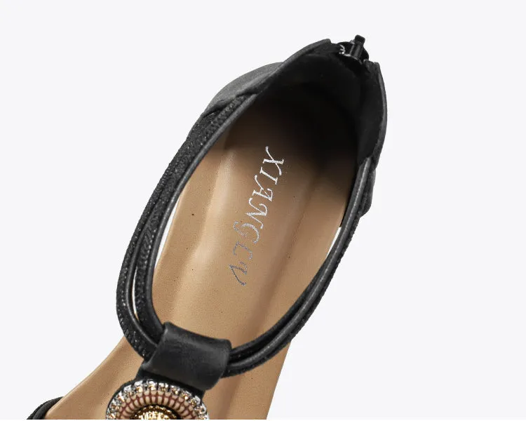Ladies Fashion Wedge Sandals Women's  Summer New Beaded Fashion Casual One-word Strap Back Zipper Roman Sandals