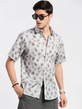 Men Spread Collar Floral Grey Casual Shirt