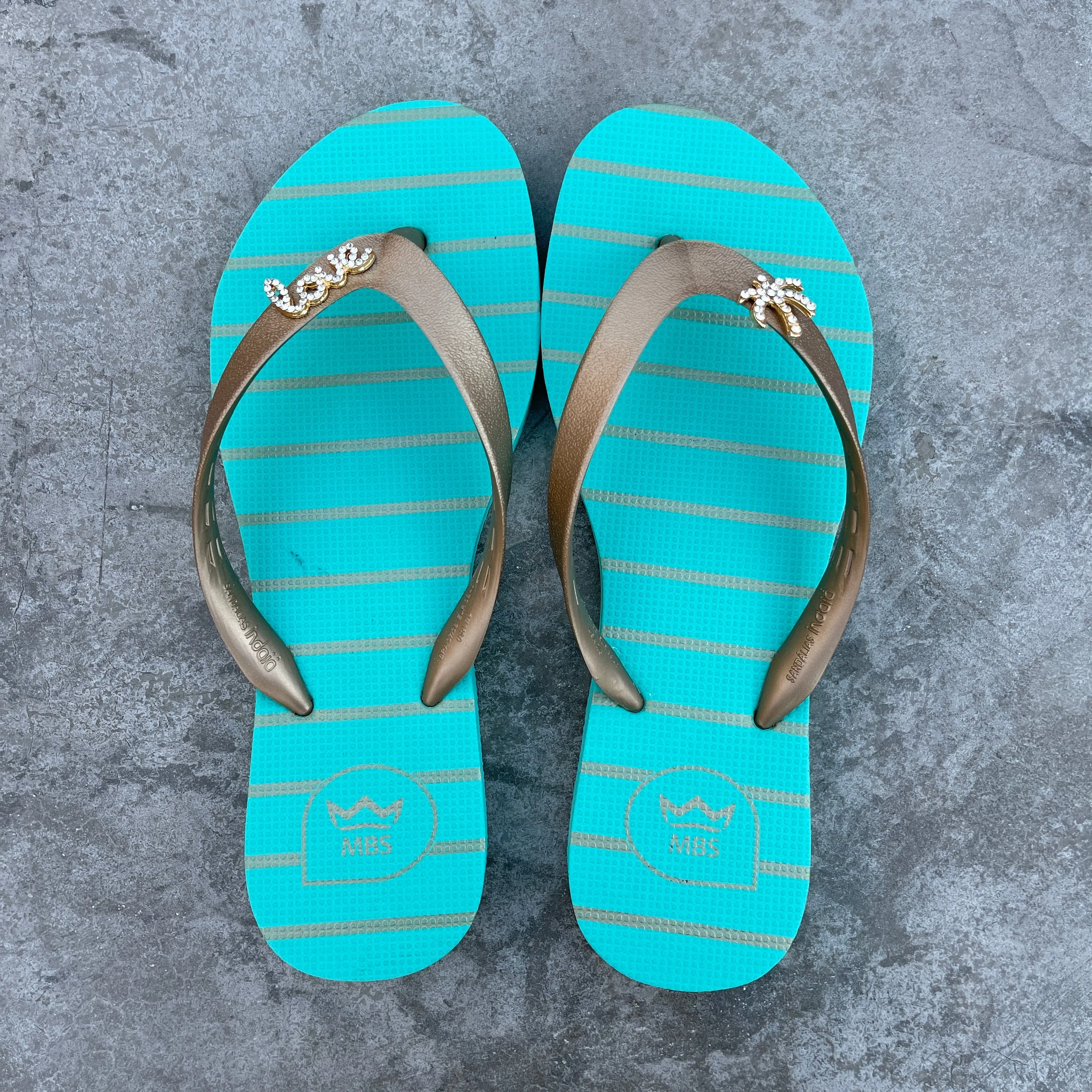 Natural Rubber Flip Flops Acqua Green Love Crystal Accessory
