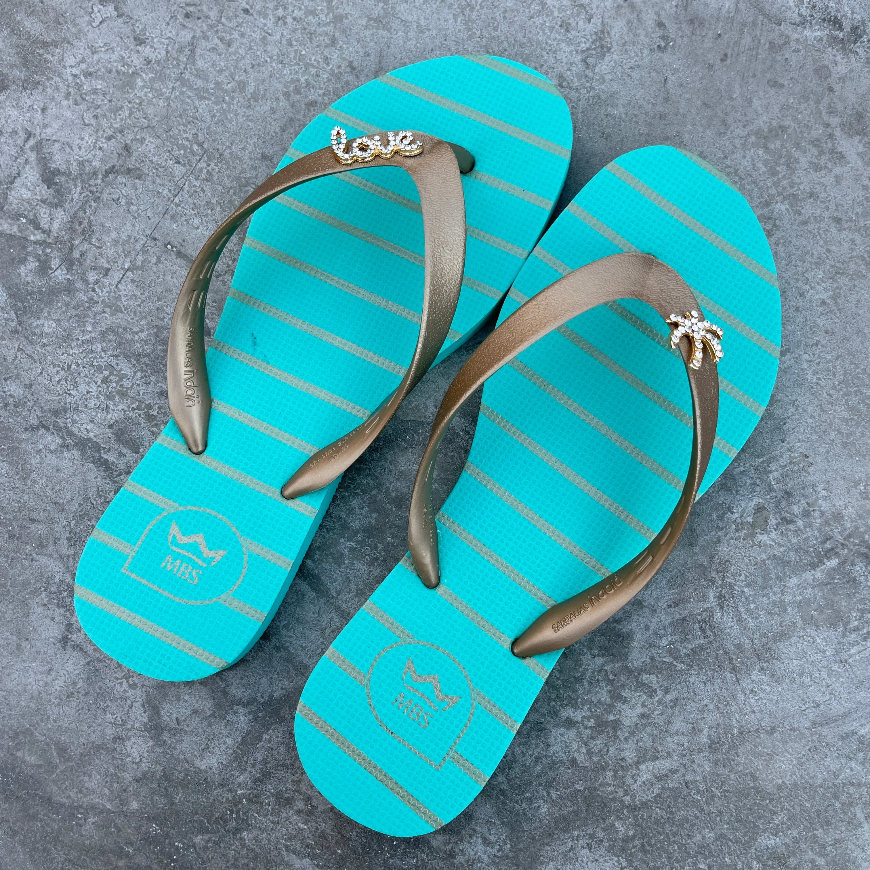 Natural Rubber Flip Flops Acqua Green Love Crystal Accessory