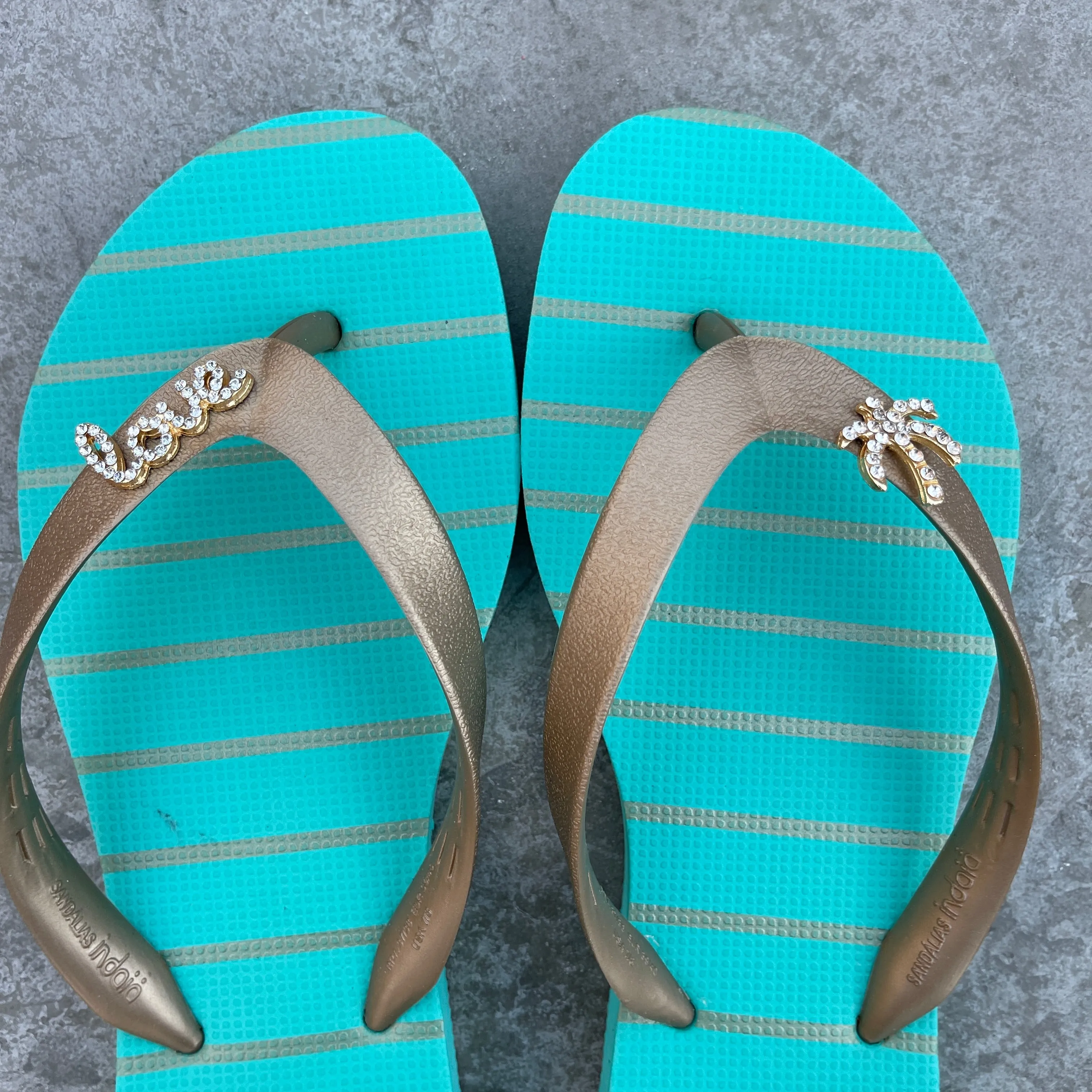 Natural Rubber Flip Flops Acqua Green Love Crystal Accessory