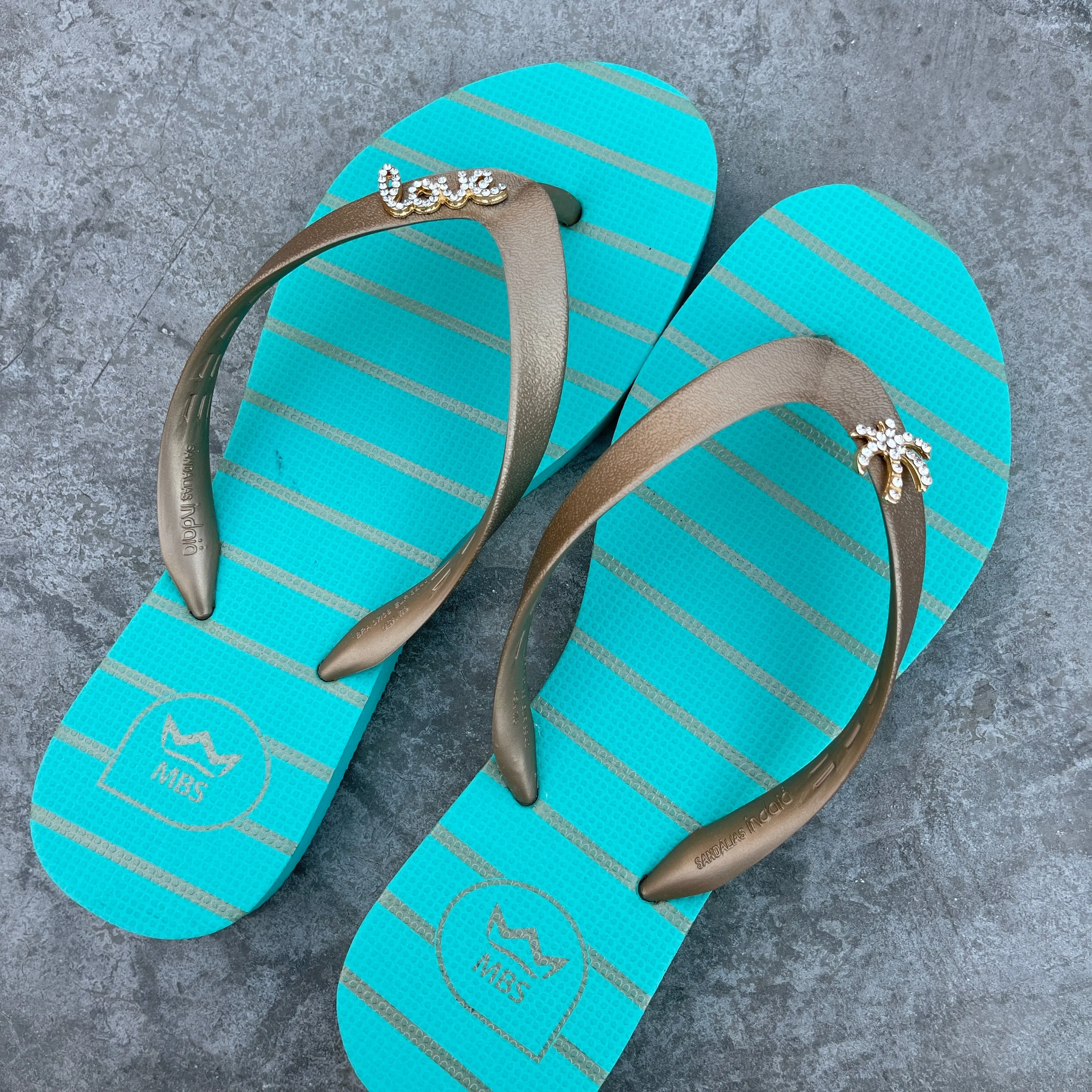 Natural Rubber Flip Flops Acqua Green Love Crystal Accessory