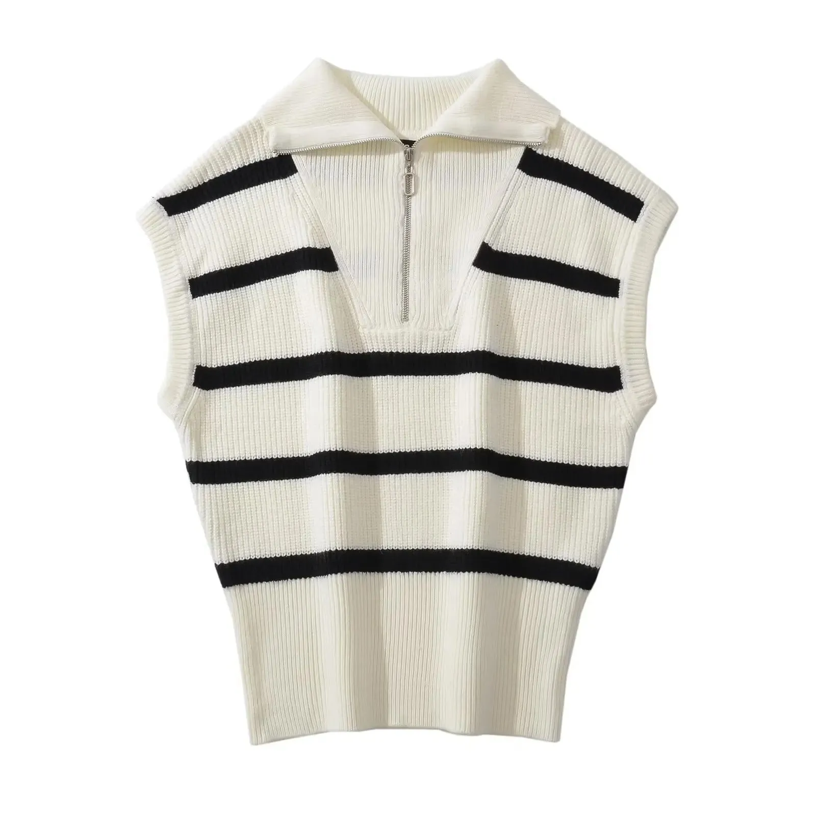 Omena Stripe Zipper Turtleneck Sleeveless Knit Tops