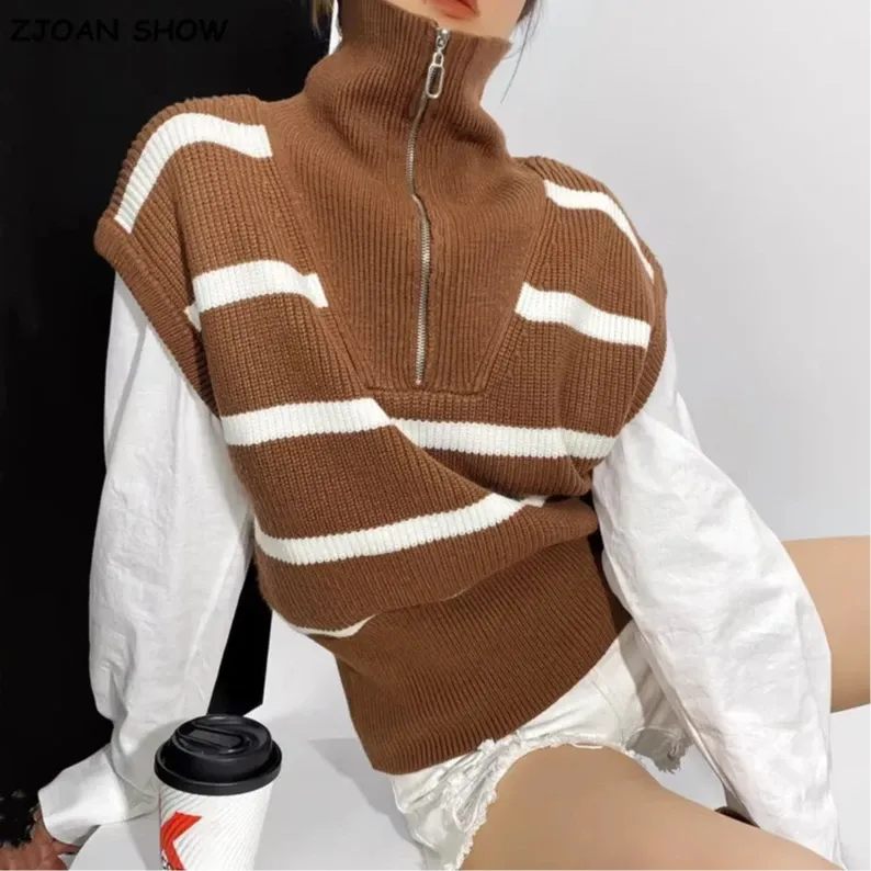 Omena Stripe Zipper Turtleneck Sleeveless Knit Tops