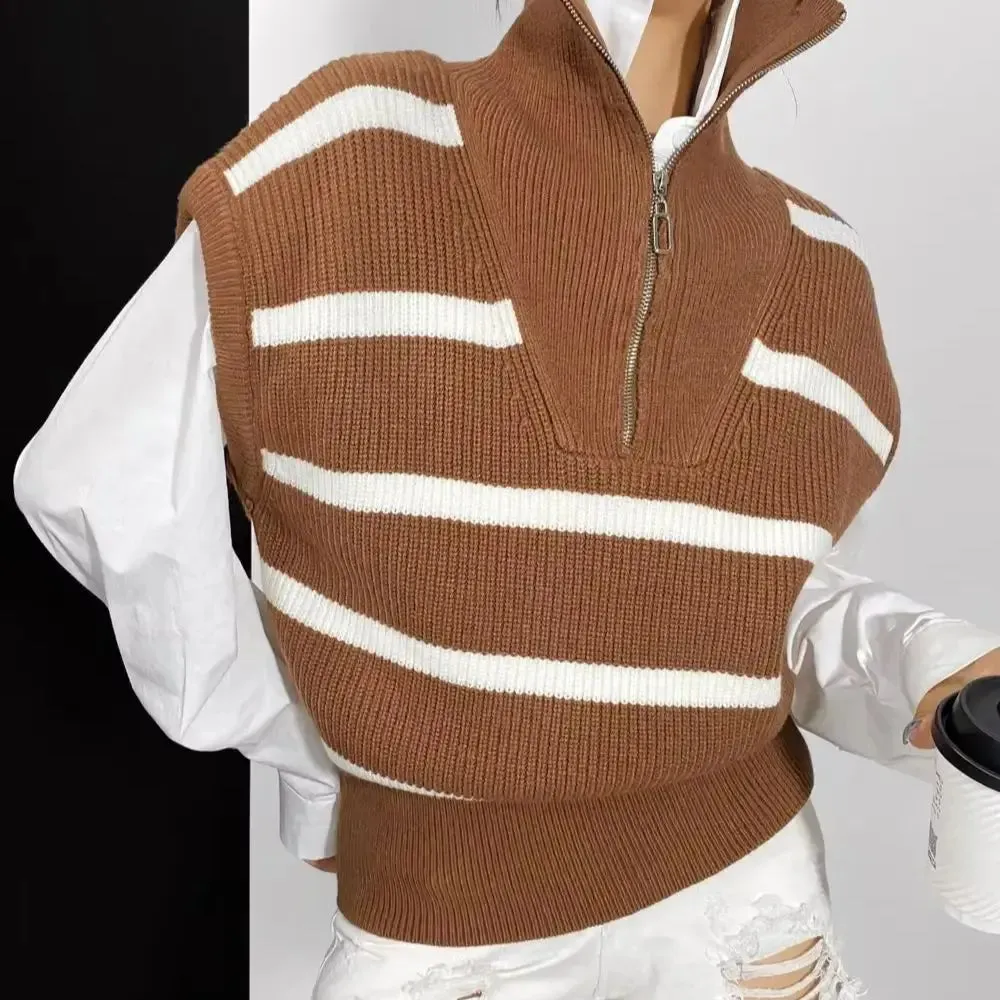 Omena Stripe Zipper Turtleneck Sleeveless Knit Tops