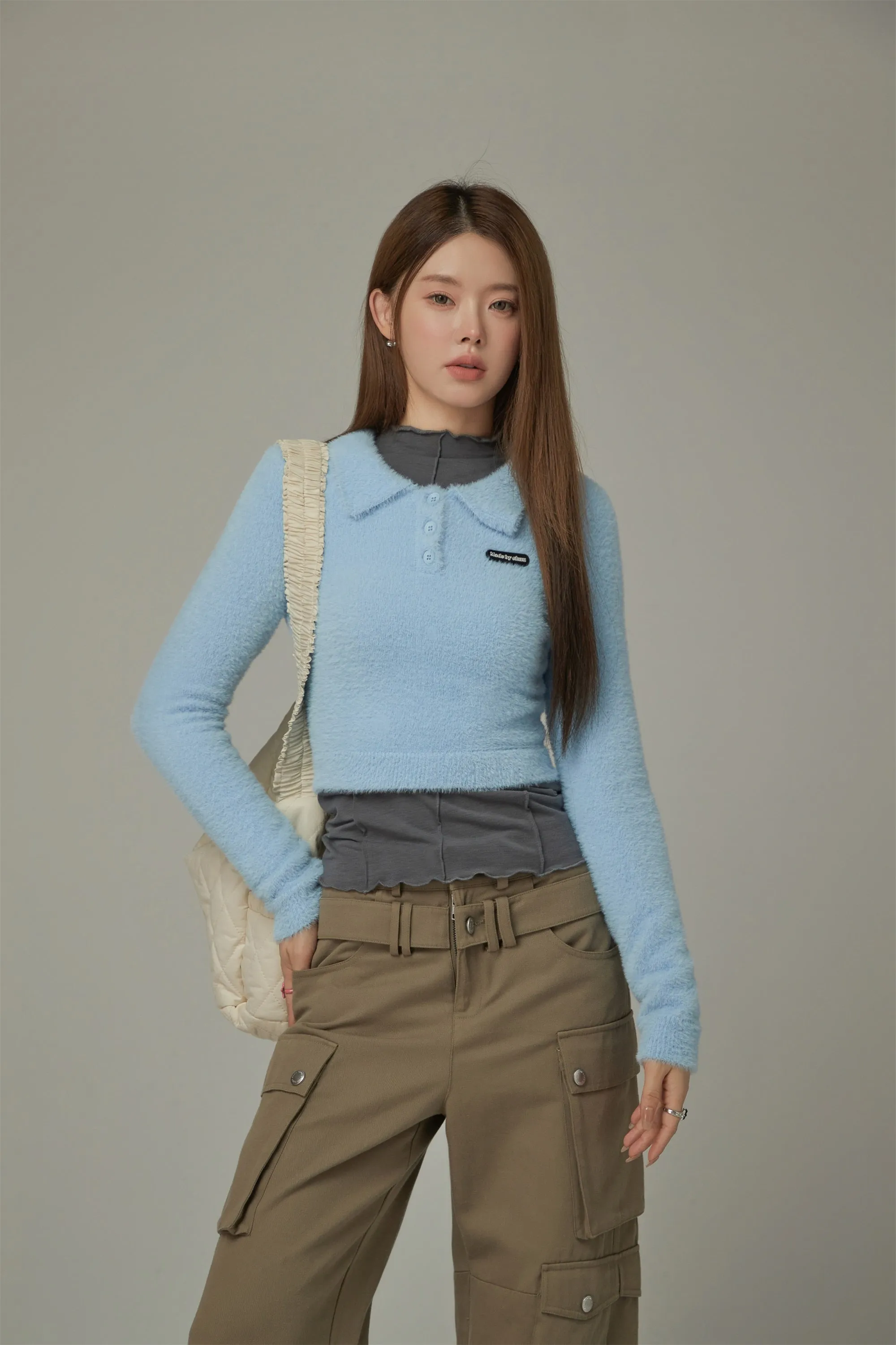 Polo Neck Crop Knit Top