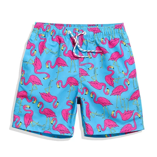 QIKERBONG Men Beach Shorts Board Trunks Shorts Casual Quick Drying Male Swimsuits Bermuda flamingo fashion print Active shorts