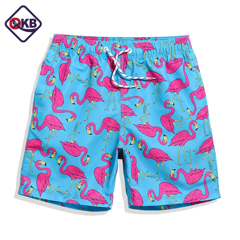 QIKERBONG Men Beach Shorts Board Trunks Shorts Casual Quick Drying Male Swimsuits Bermuda flamingo fashion print Active shorts