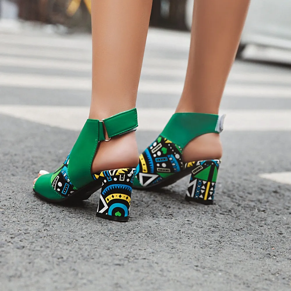 Women Stylish Print Sandals Boots Peep Toe Buckle Strap Summer High Heel Gladiator Shoes Woman Yellow Green sandalias mujer 2023