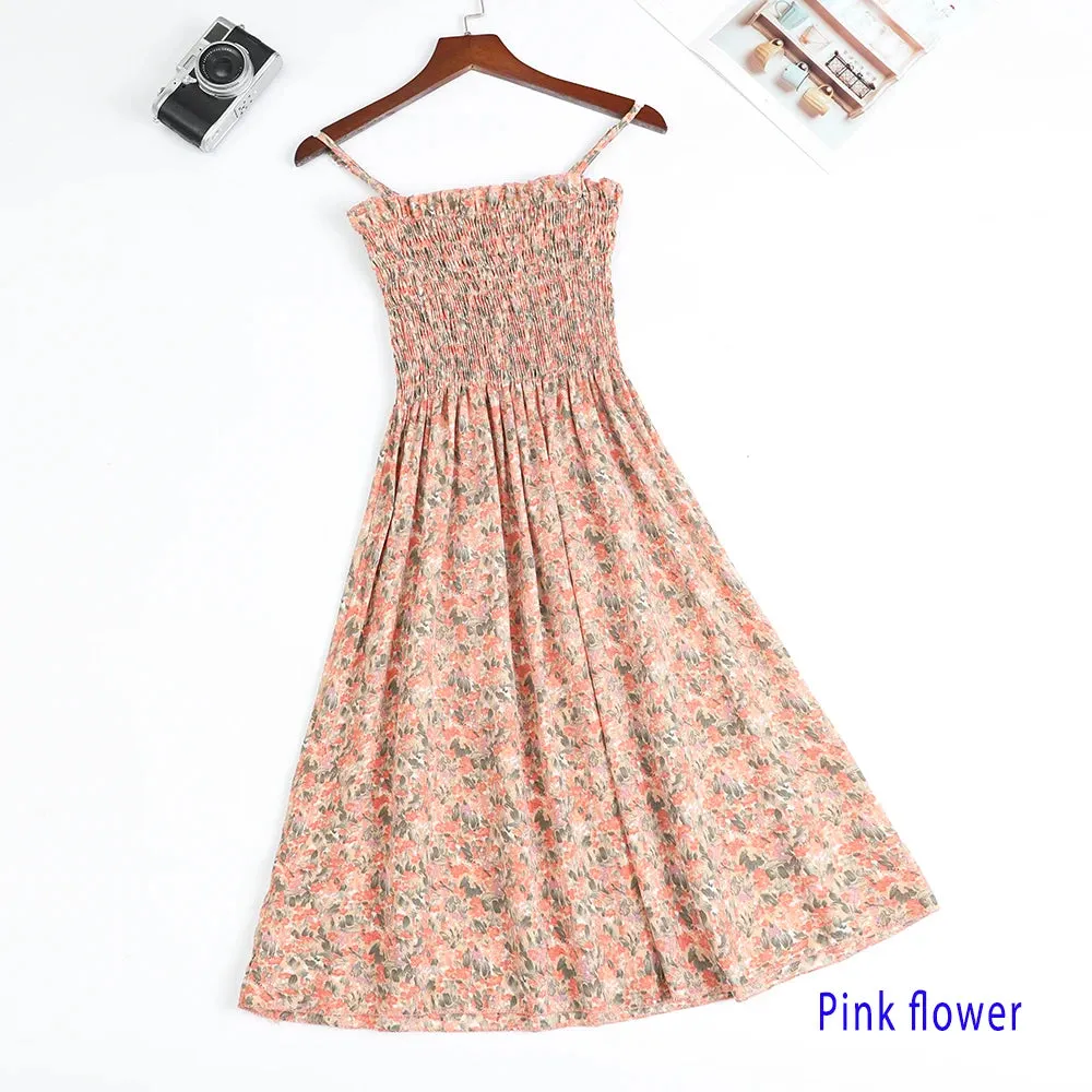 XIBUSANA Summer Mini Dresses - Fashion Female Elastic High Waist Casual Spaghetti Strap Sleeveless Chiffon Dress for Women