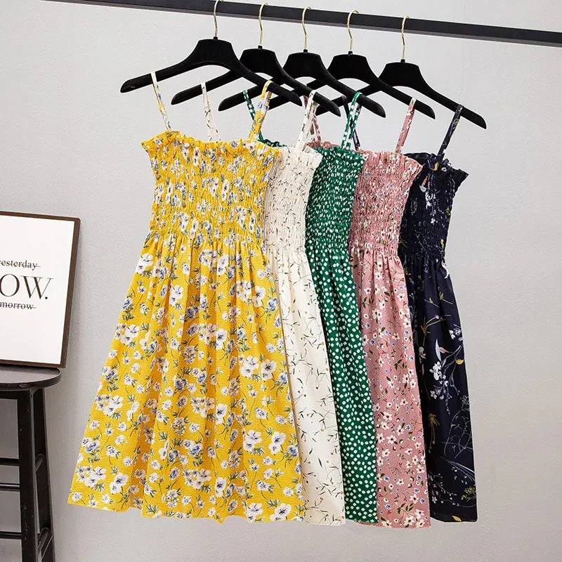 XIBUSANA Summer Mini Dresses - Fashion Female Elastic High Waist Casual Spaghetti Strap Sleeveless Chiffon Dress for Women