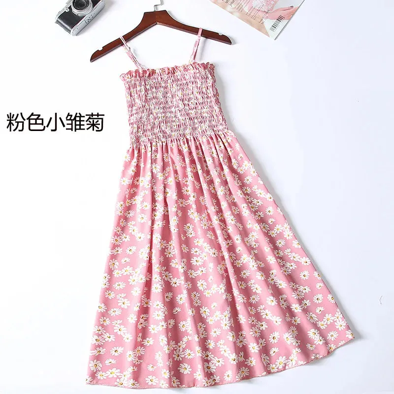 XIBUSANA Summer Mini Dresses - Fashion Female Elastic High Waist Casual Spaghetti Strap Sleeveless Chiffon Dress for Women