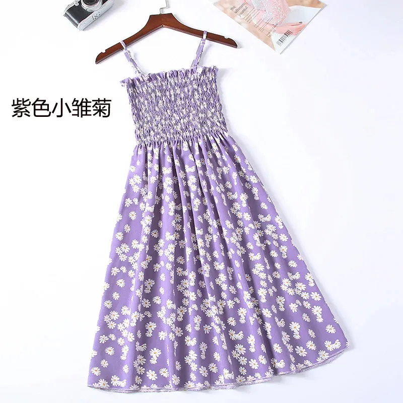 XIBUSANA Summer Mini Dresses - Fashion Female Elastic High Waist Casual Spaghetti Strap Sleeveless Chiffon Dress for Women