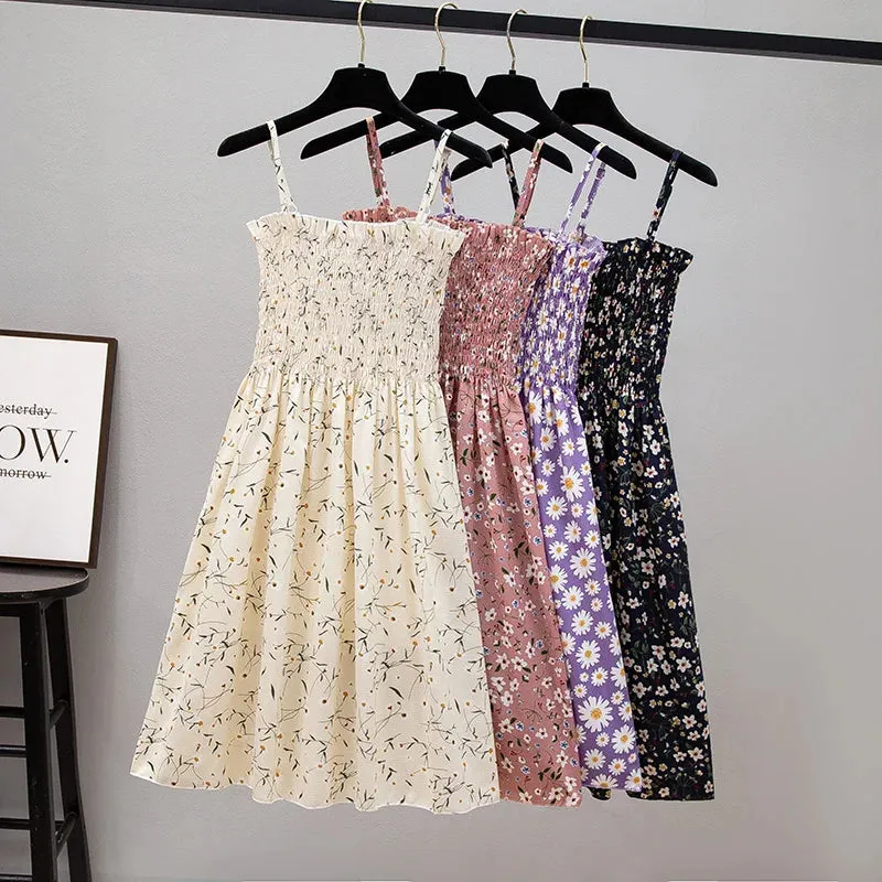 XIBUSANA Summer Mini Dresses - Fashion Female Elastic High Waist Casual Spaghetti Strap Sleeveless Chiffon Dress for Women