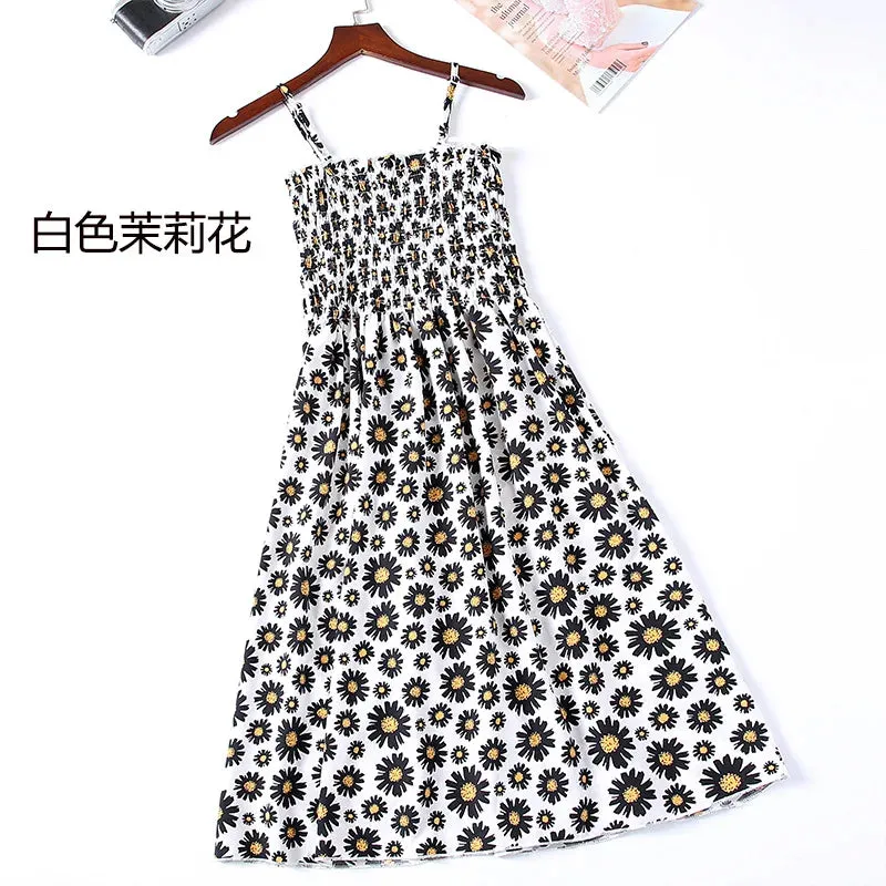 XIBUSANA Summer Mini Dresses - Fashion Female Elastic High Waist Casual Spaghetti Strap Sleeveless Chiffon Dress for Women