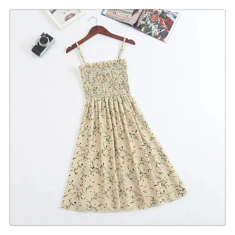 XIBUSANA Summer Mini Dresses - Fashion Female Elastic High Waist Casual Spaghetti Strap Sleeveless Chiffon Dress for Women