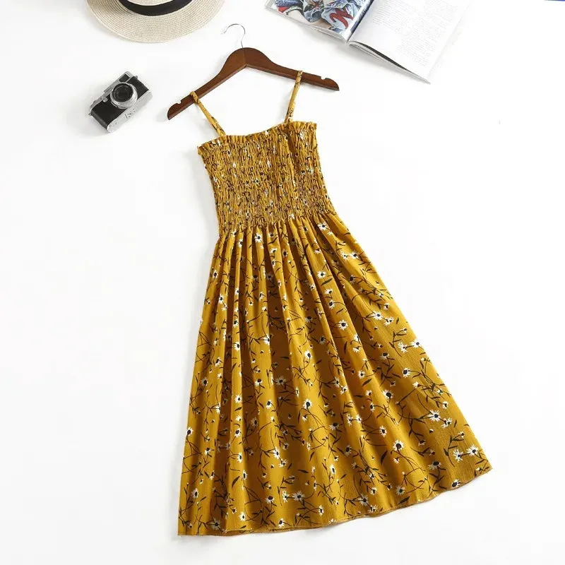 XIBUSANA Summer Mini Dresses - Fashion Female Elastic High Waist Casual Spaghetti Strap Sleeveless Chiffon Dress for Women