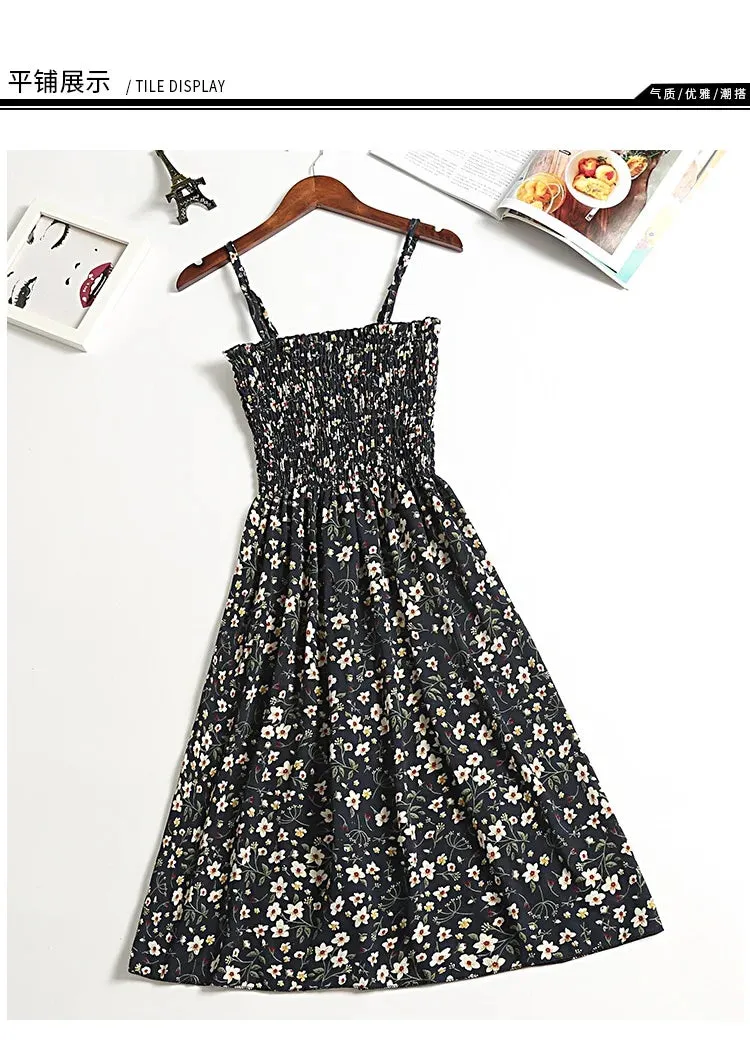 XIBUSANA Summer Mini Dresses - Fashion Female Elastic High Waist Casual Spaghetti Strap Sleeveless Chiffon Dress for Women