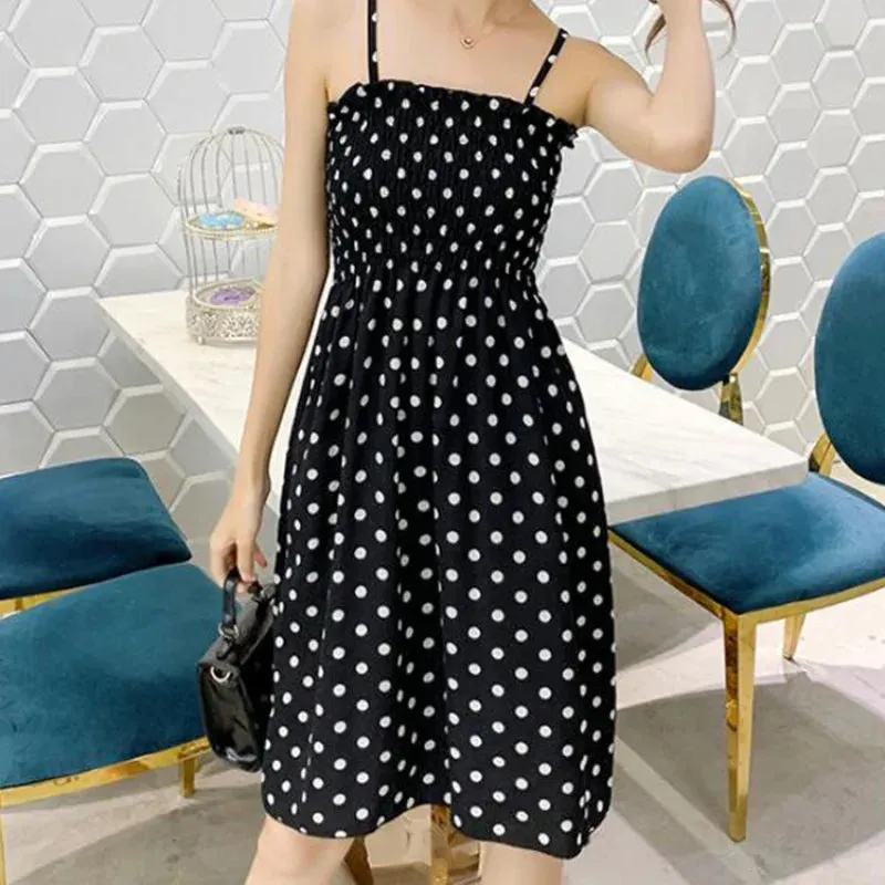 XIBUSANA Summer Mini Dresses - Fashion Female Elastic High Waist Casual Spaghetti Strap Sleeveless Chiffon Dress for Women