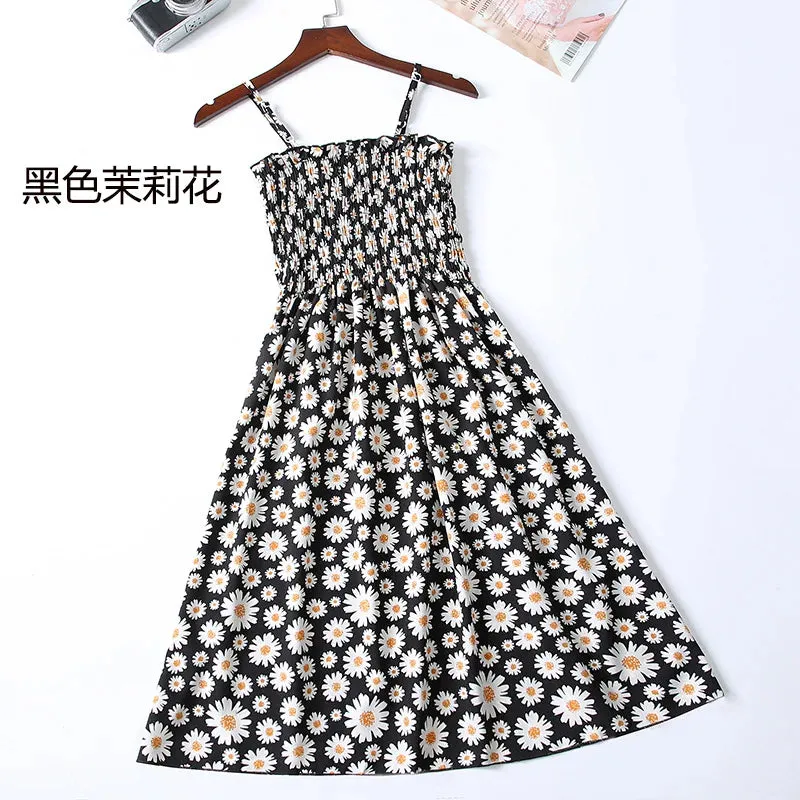 XIBUSANA Summer Mini Dresses - Fashion Female Elastic High Waist Casual Spaghetti Strap Sleeveless Chiffon Dress for Women