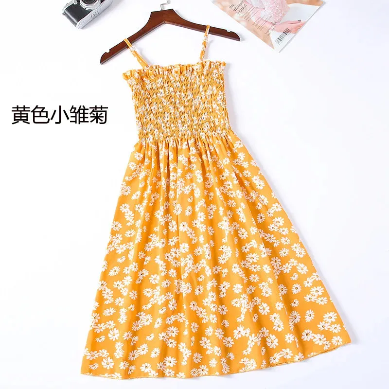XIBUSANA Summer Mini Dresses - Fashion Female Elastic High Waist Casual Spaghetti Strap Sleeveless Chiffon Dress for Women
