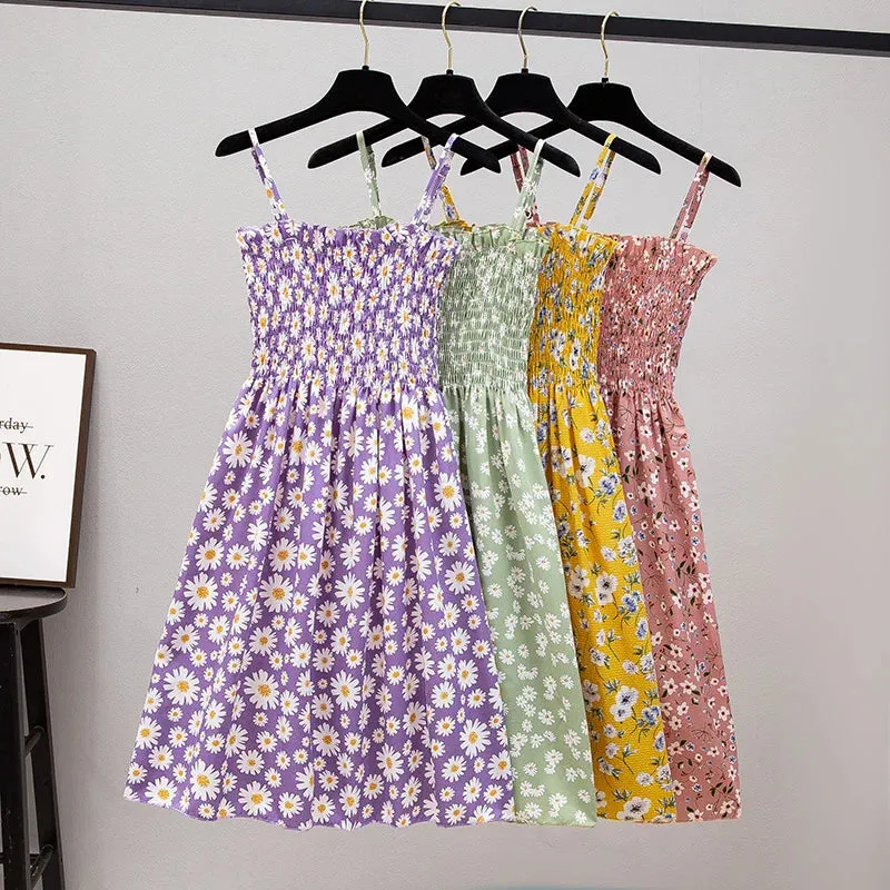 XIBUSANA Summer Mini Dresses - Fashion Female Elastic High Waist Casual Spaghetti Strap Sleeveless Chiffon Dress for Women