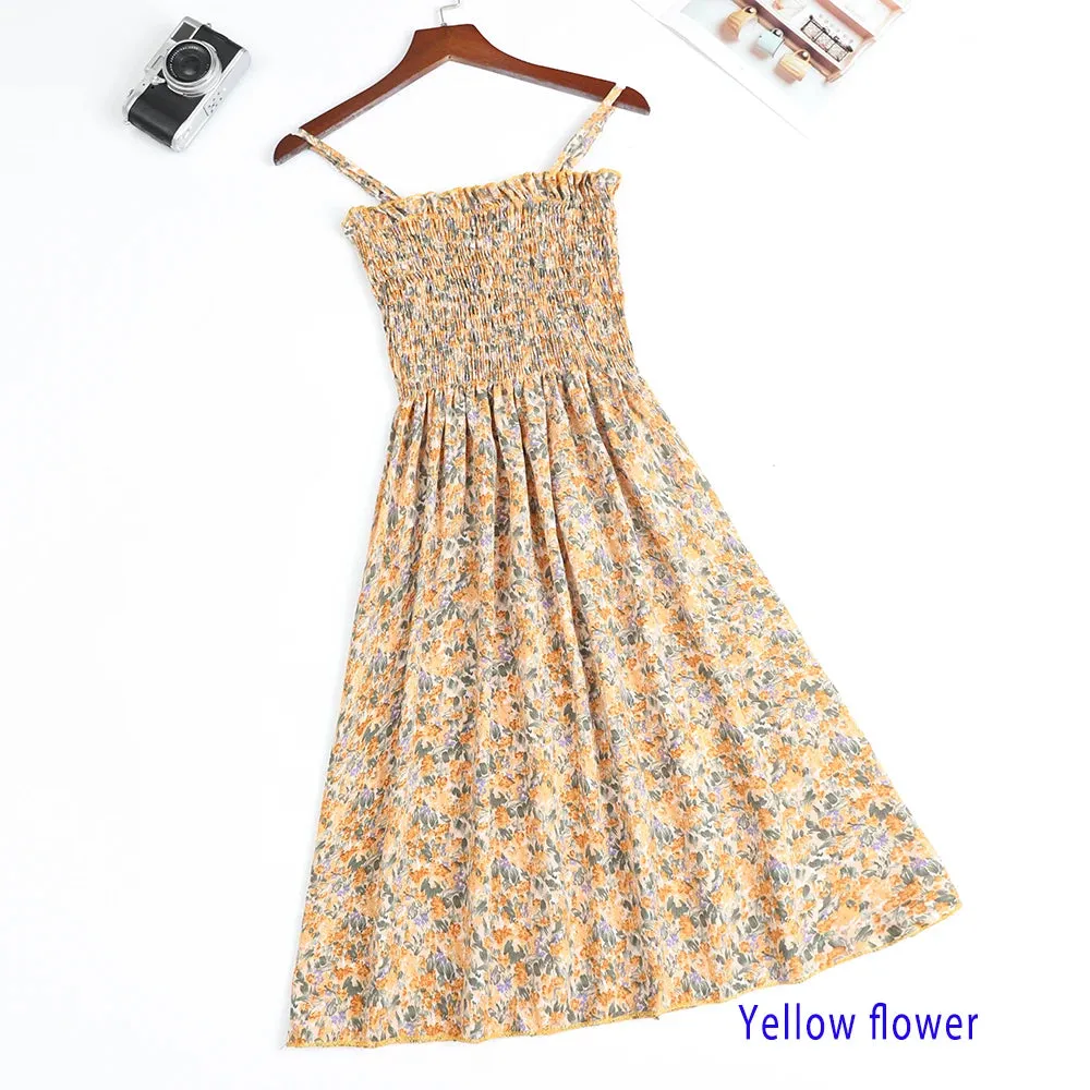 XIBUSANA Summer Mini Dresses - Fashion Female Elastic High Waist Casual Spaghetti Strap Sleeveless Chiffon Dress for Women