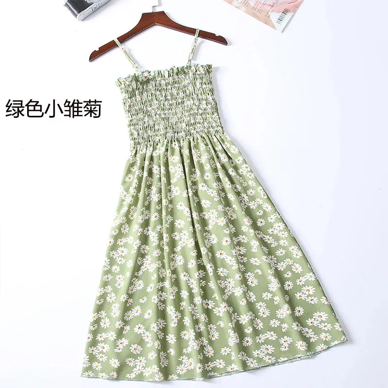 XIBUSANA Summer Mini Dresses - Fashion Female Elastic High Waist Casual Spaghetti Strap Sleeveless Chiffon Dress for Women