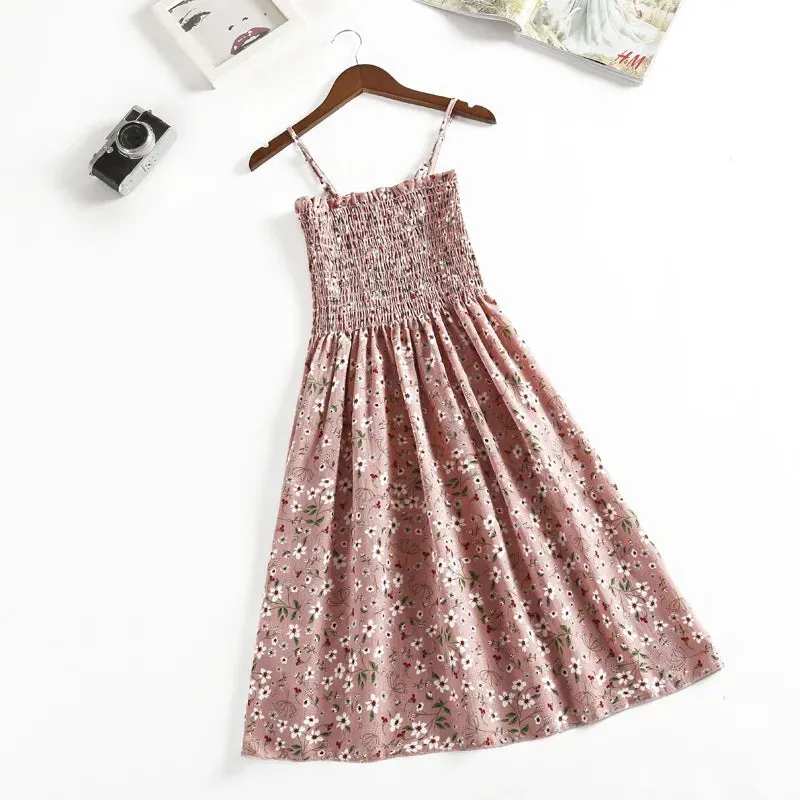 XIBUSANA Summer Mini Dresses - Fashion Female Elastic High Waist Casual Spaghetti Strap Sleeveless Chiffon Dress for Women
