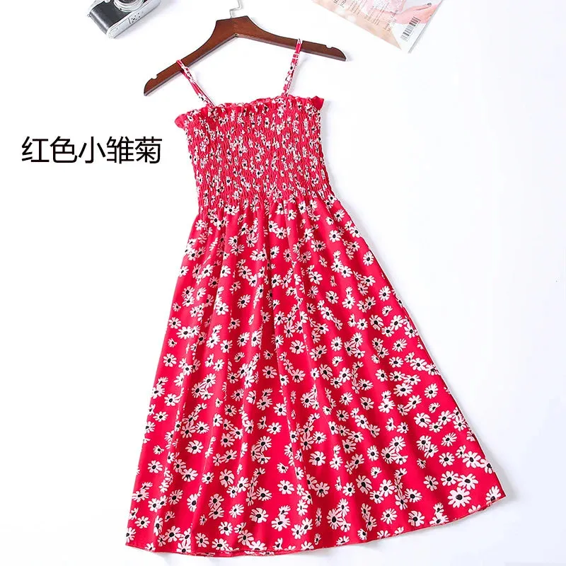 XIBUSANA Summer Mini Dresses - Fashion Female Elastic High Waist Casual Spaghetti Strap Sleeveless Chiffon Dress for Women