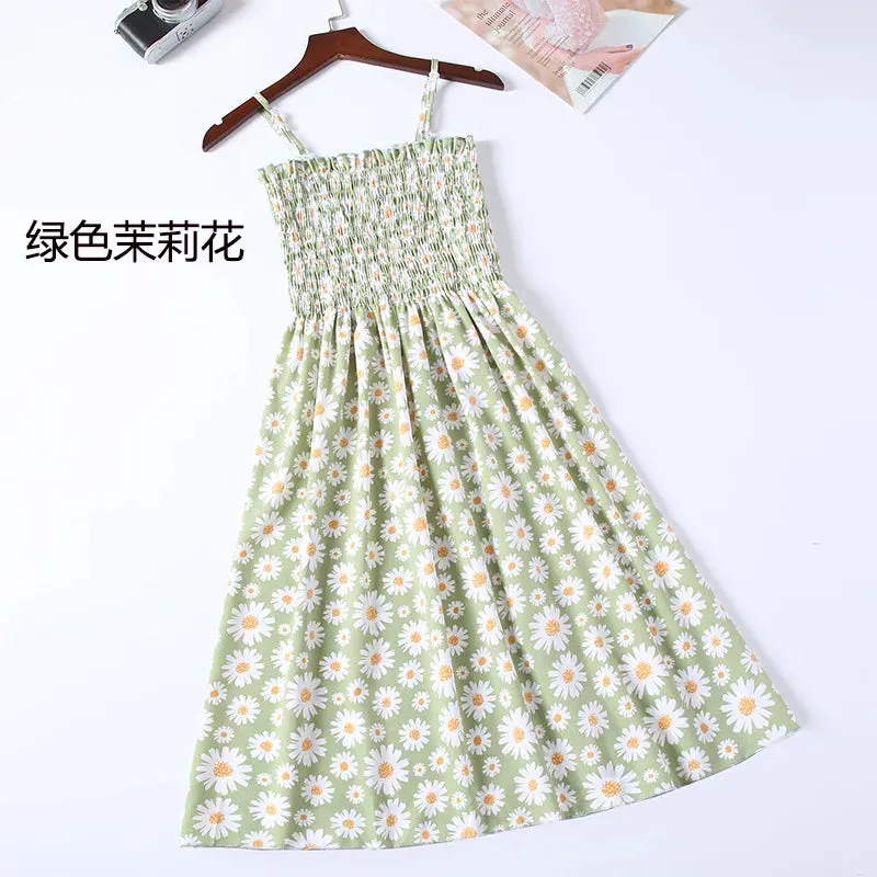 XIBUSANA Summer Mini Dresses - Fashion Female Elastic High Waist Casual Spaghetti Strap Sleeveless Chiffon Dress for Women