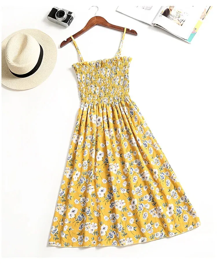 XIBUSANA Summer Mini Dresses - Fashion Female Elastic High Waist Casual Spaghetti Strap Sleeveless Chiffon Dress for Women