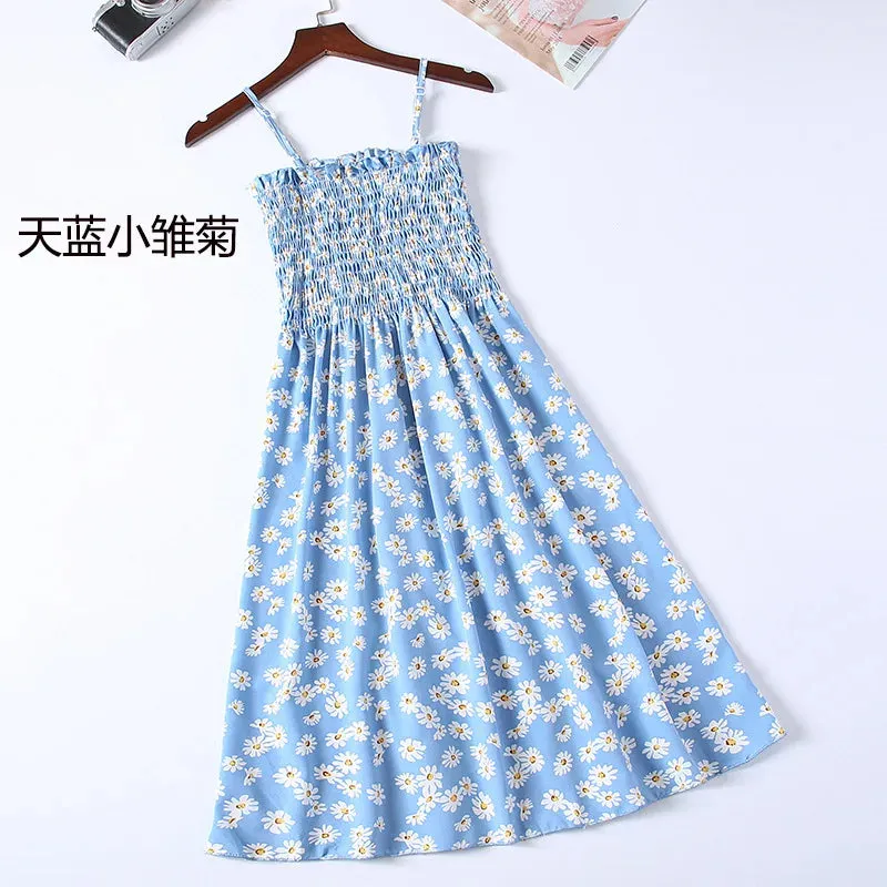 XIBUSANA Summer Mini Dresses - Fashion Female Elastic High Waist Casual Spaghetti Strap Sleeveless Chiffon Dress for Women
